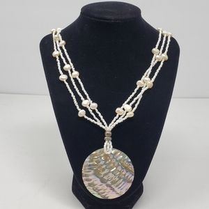 Pearl and abalone bulky bead and shell necklace 20"